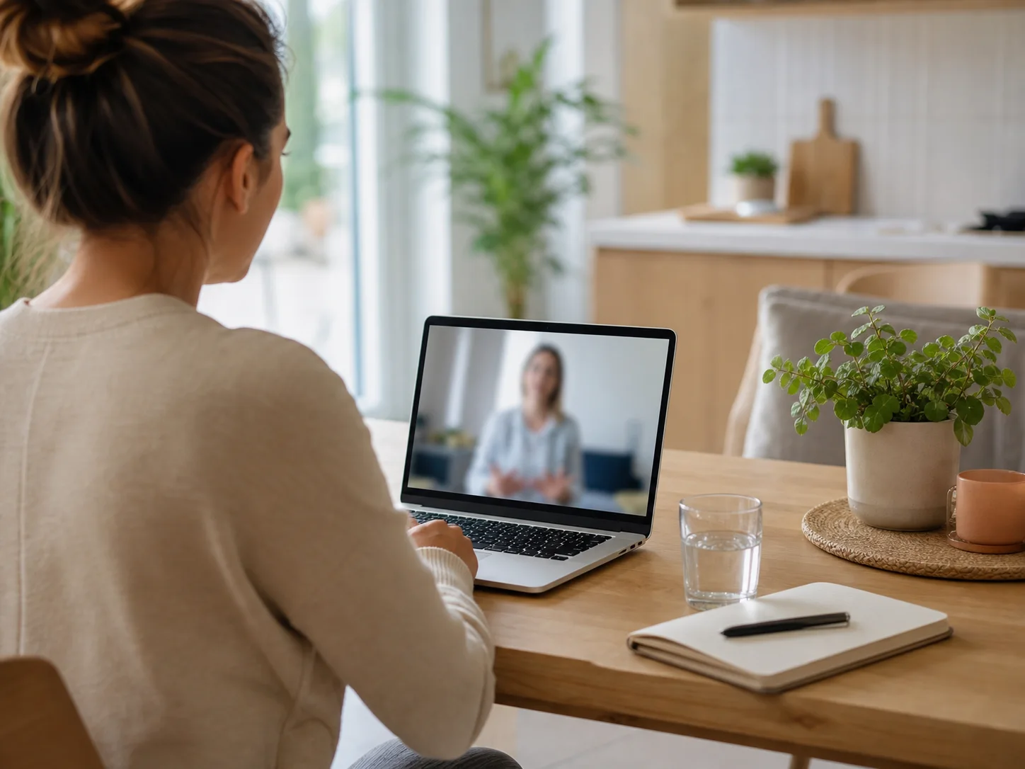 Person som sitter hemma vid ett videosamtal med vårdpersonal på en bärbar dator
